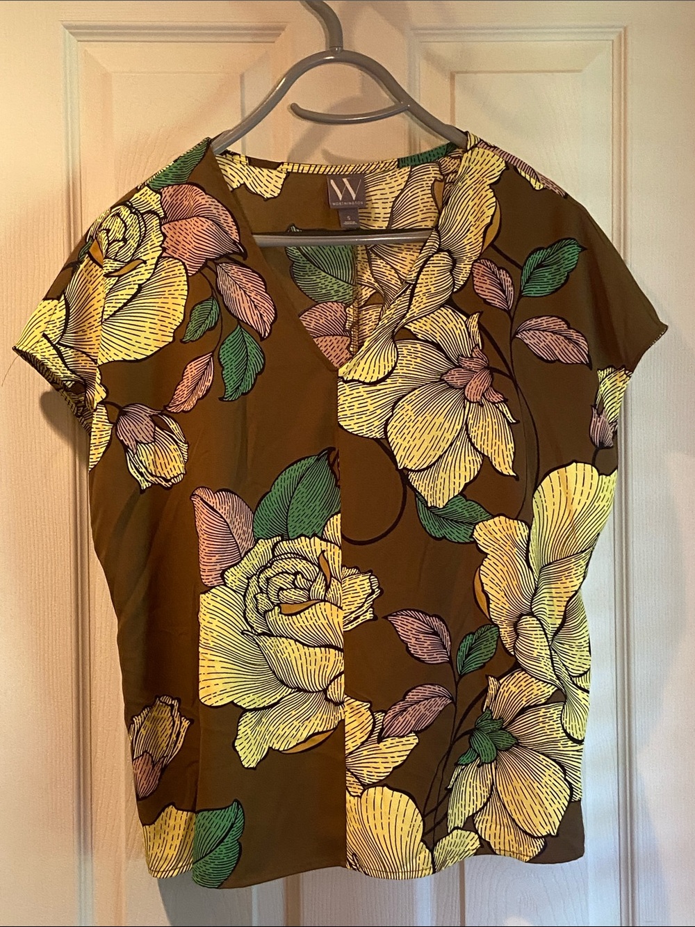 Worthington Olive Floral V-Neck Short Sleeve Blouse